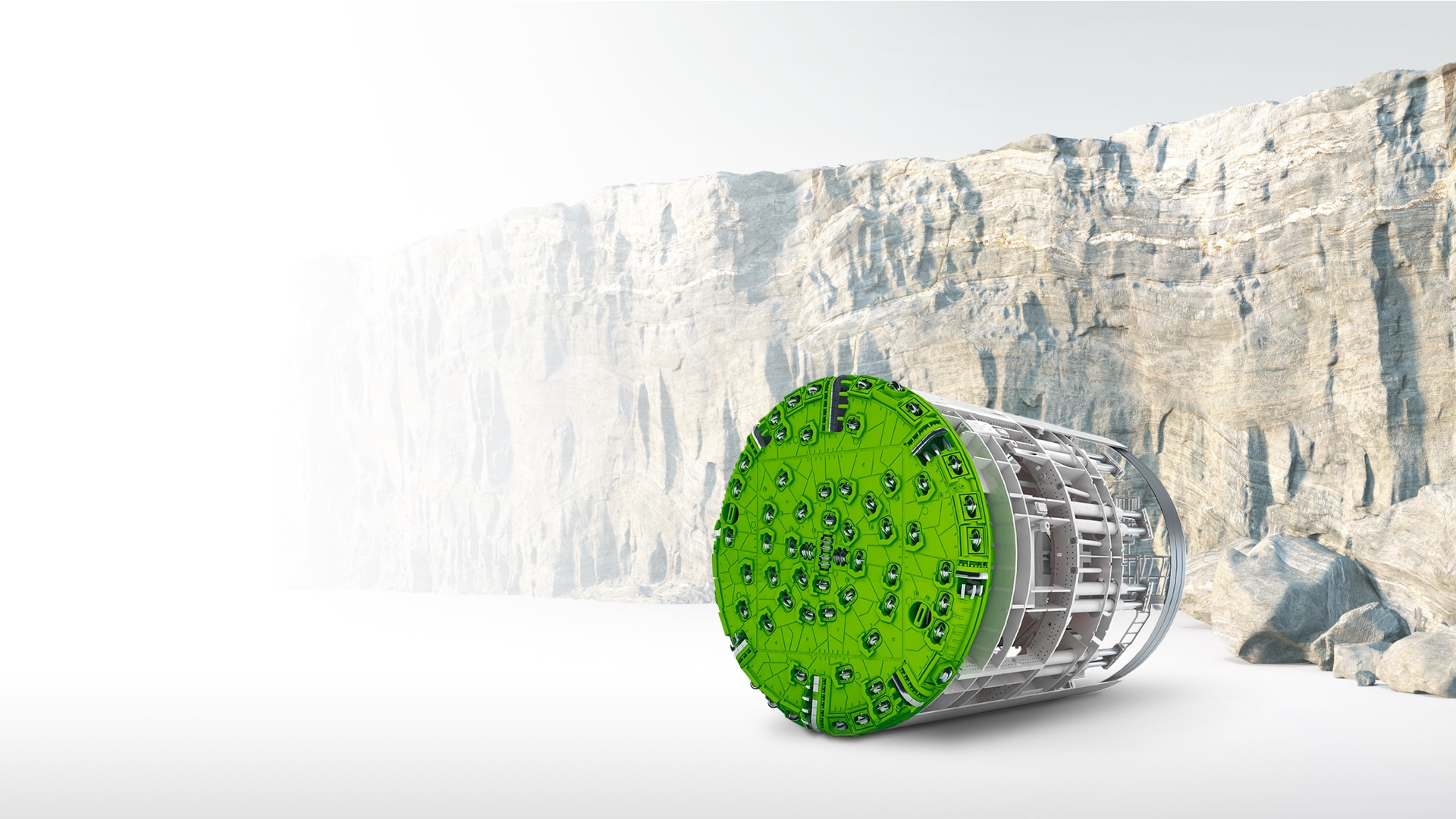 Illustration of a single-shield TBM, which also provides a view of the interior with a stone wall in the background.